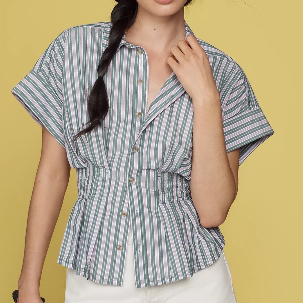 Pilcro Anthropologie Green and Pink Striped Button Down Shirt